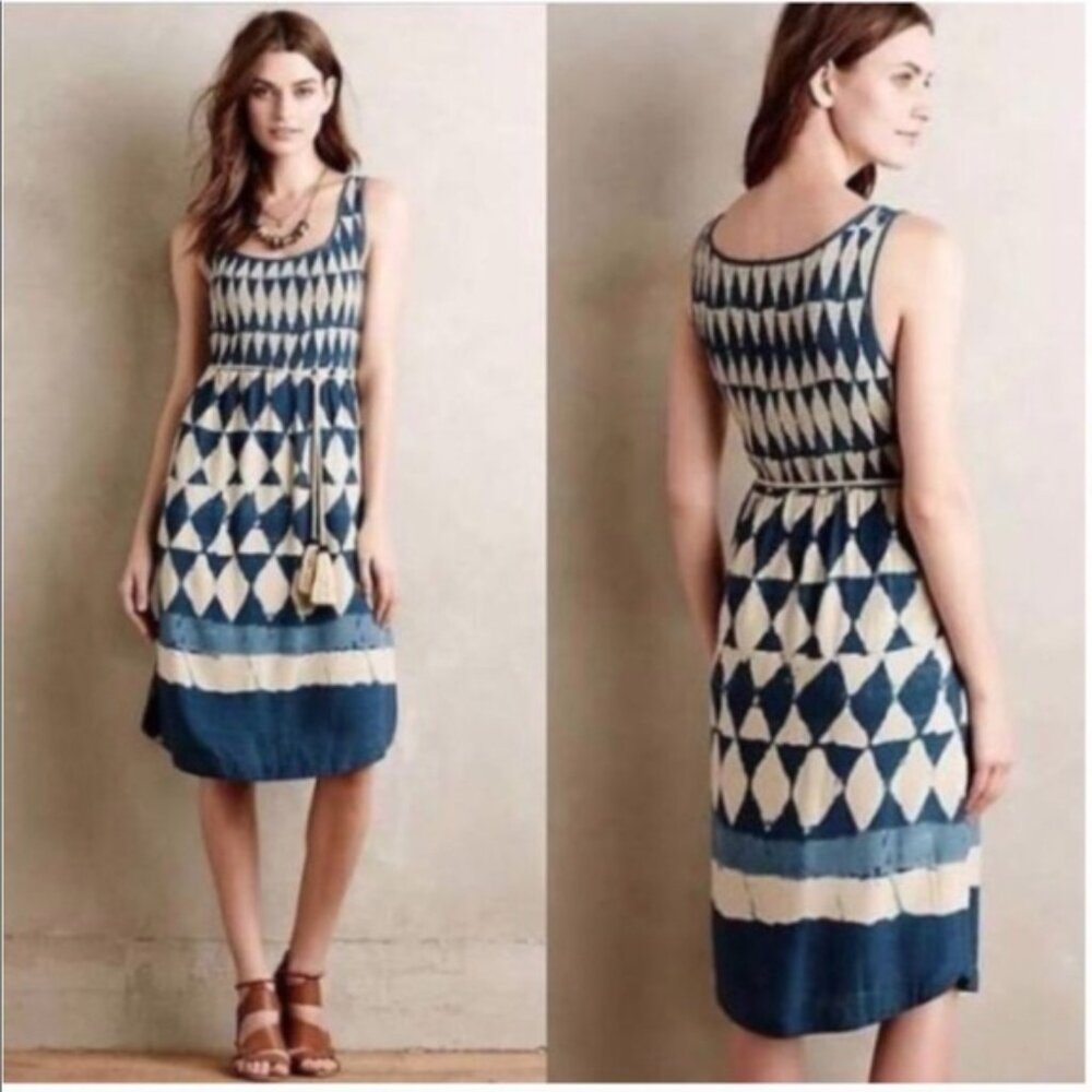 Anthropologie Maeve Castalia Dress Blue Ikat Diamond, 12